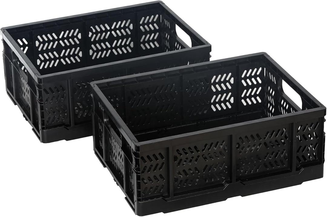 Heavy Duty Plastic Milk Crates for Storage, 4-Pack Stackable Storage Bins for Organizing, Collapsible Storage Basket with Handle for Groceries, Suitable for Home Office School Store, Black