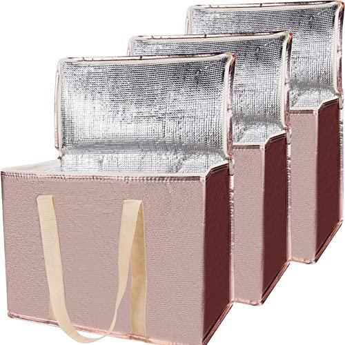 Bodaon 3-Pack Insulated Reusable Grocery Shopping Bag, X-Large Frozen Food Cold, Cooler Bags with Secure Top, Insulated Food/Pizza Delivery Bag, Gold