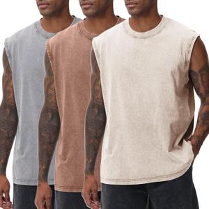 Arssm Sleeveless Shirts for Men Tank Tops Cotton Acid Wash Tees Muscle Workout Running Tank Tops (Beige, L)