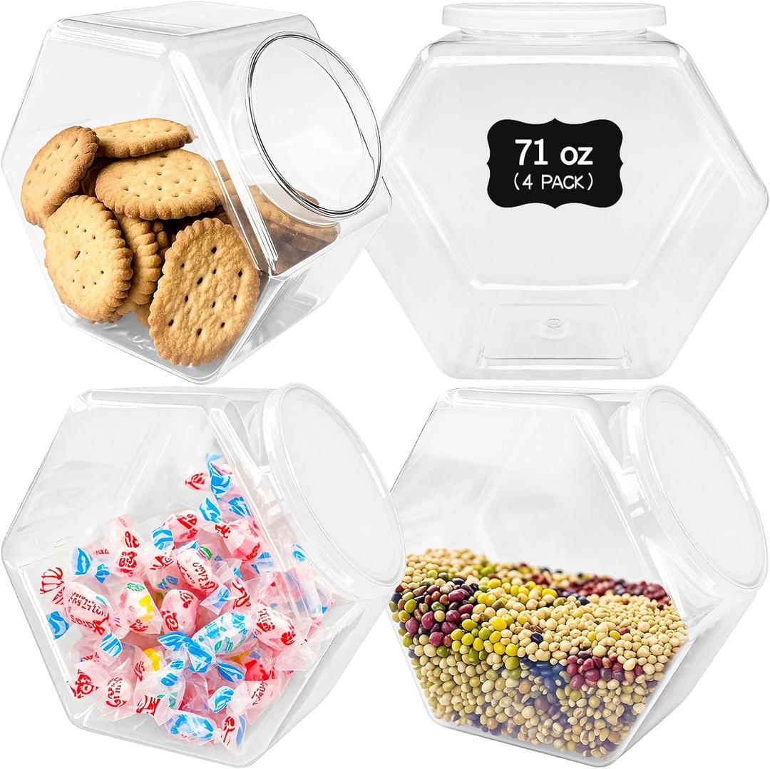 Woozettn 4 Pcs Plastic Candy Jars,71 Oz Clear Plastic Cookie Jars,Hexagonal Candy Containers with Lids for Kitchen,Dry Food,Candy,Dog Food,Cookies,Coffee Pod,Laundry Pod
