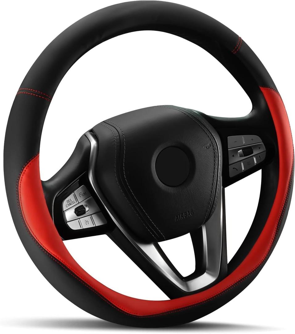 HOTOR Car Steering Wheel Cover - Universal Car Accessory for Diverse Cars, Leather Cover with Anti-Slip Lining, for Steering Wheel with a Diameter of 15.5"-16", Red HOTOR Car Steering Wheel Cover - Universal Car Accessory for Diverse Cars, Leather Cover with Anti-Slip Lining, for Steering Wheel with a Diameter of 15.5"-16", Red