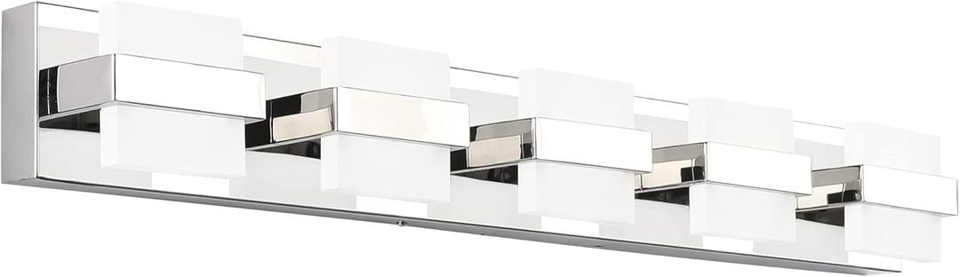 SOLFART 5 Lights Chrome Bathroom Vanity Light Modern LED Bathroom Light Fixtures Over Mirror Vaniy Light 34 inch White Light Dimmable