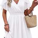 Womens Summer Ruffle Short Sleeve Dress V Neck Flowy Chiffon Layers Boho Dresses (White, XXL)