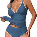 ZAFUL Womens Tankini Swimsuits V Neck Push Up Swim Top Color Block Tummy Control High Waisted Bathing Suits Swim Bottom (Medium, A-peacock Blue)