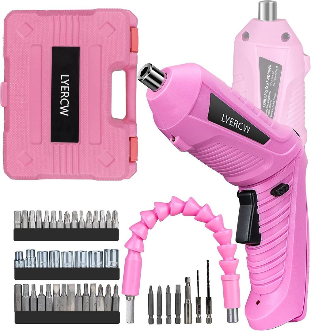 Pink Cordless Screwdriver Set with Rechargeable Battery and Charger, Rotating Handle, LED Light, 47PCS Drill/Driver Accessories, Lightweight and Portable Electric Screwdriver for Women