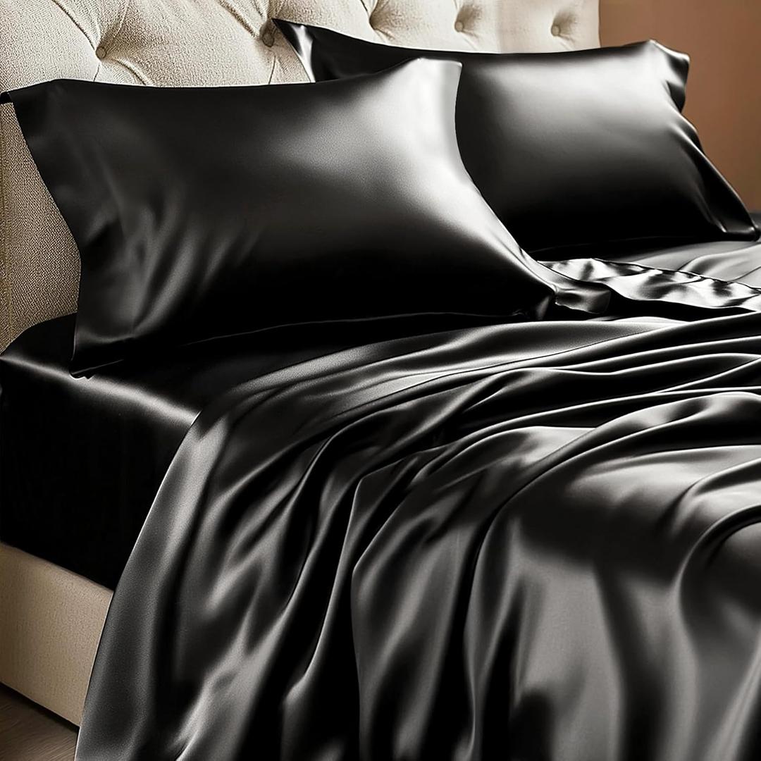 BEDELITE California King Sheets Set, Luxury Soft Black Satin Sheets for Hair and Skin, Similar to Silk Bed Sheets Set 4 Pieces with 1 Deep Pocket Fitted Sheet, 1 Flat Sheet, and 2 Pillowcases