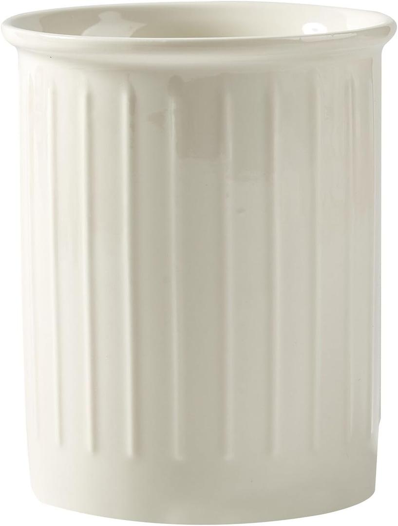 Kitchen Utensil Holder - Farmhouse Utensil Holder for Countertop - Ceramic Utensil Crock - Kitchen Decor & Housewarming Gift (White)