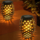 2PCS Solar Table Lanterns with Flickering Flame Light Outdoor Waterproof, Metal Desktop Decorative Lamp with Hollow Design for Tabletop Garden, 7.3" H Black Shell