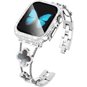 KADES Compatible for Apple Watch Series 10 46mm/42mm Series 9 8 7 45mm/41mm Series 6 5 4 SE 44mm/40mm Series 3 2 1 42mm/38mm, Sparkling Bling Diamond Band with Full Diamonds Case (Silver with Black Pearl Shell)