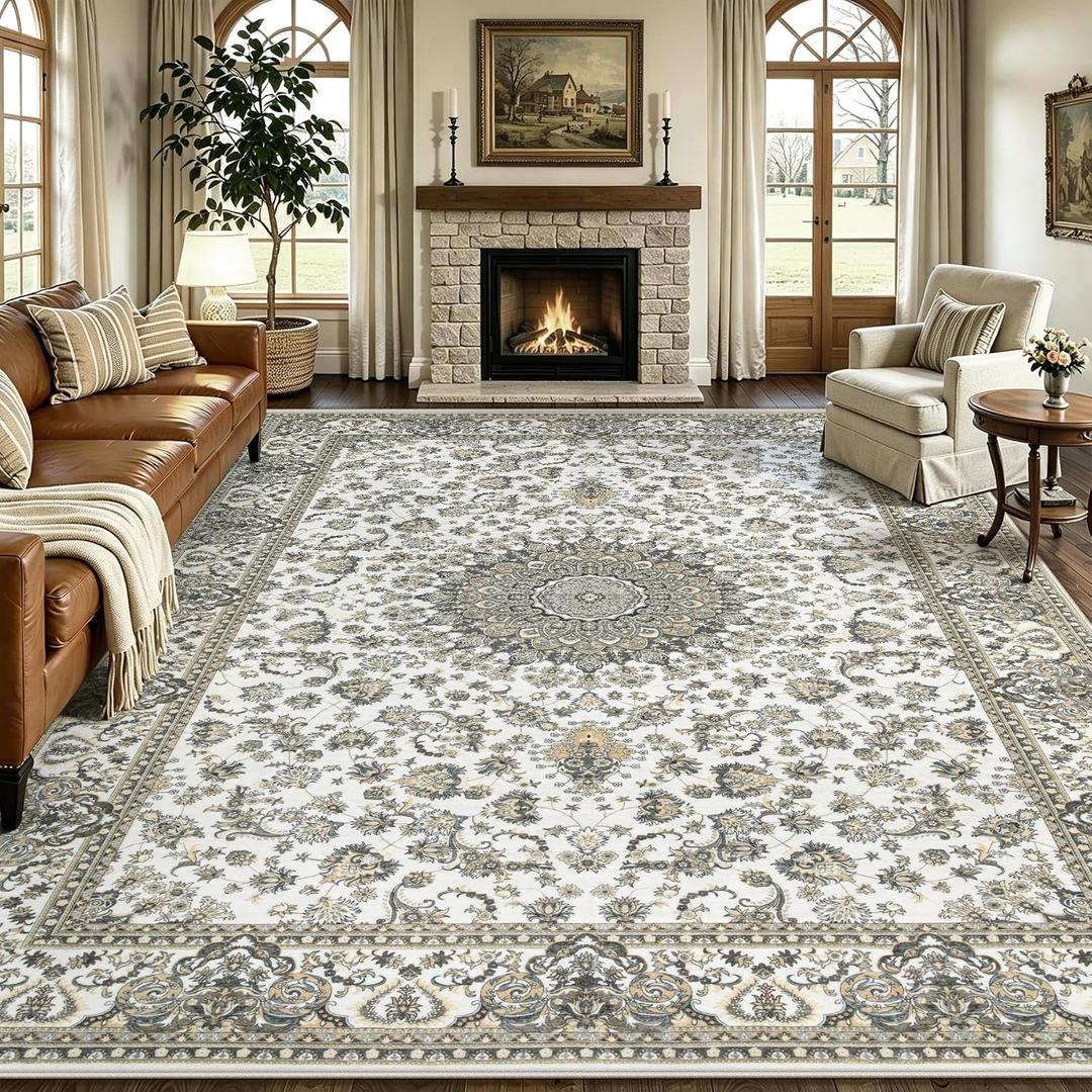 9x12 Area Rugs for Living Room: Washable Rug Vintage Floral Large Rugs for Bedroom Non Slip Soft Low Pile Carpet for Dining Room Office(Beige Brown)