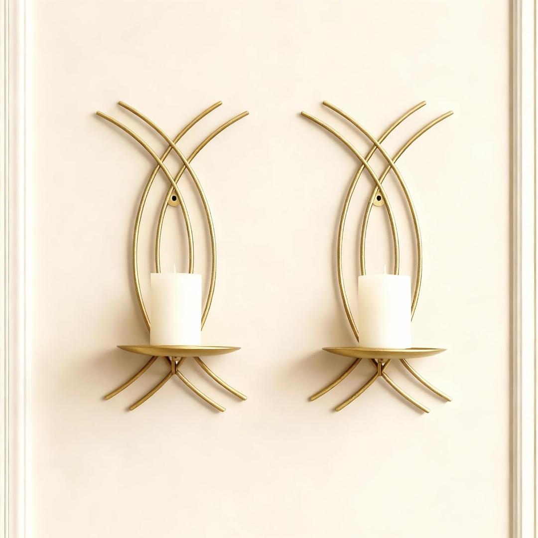 Wall Sconce Candle Holder Set of 2, Modern Forged Metal Iron Decorative Wall Art for Living Room (Gold)