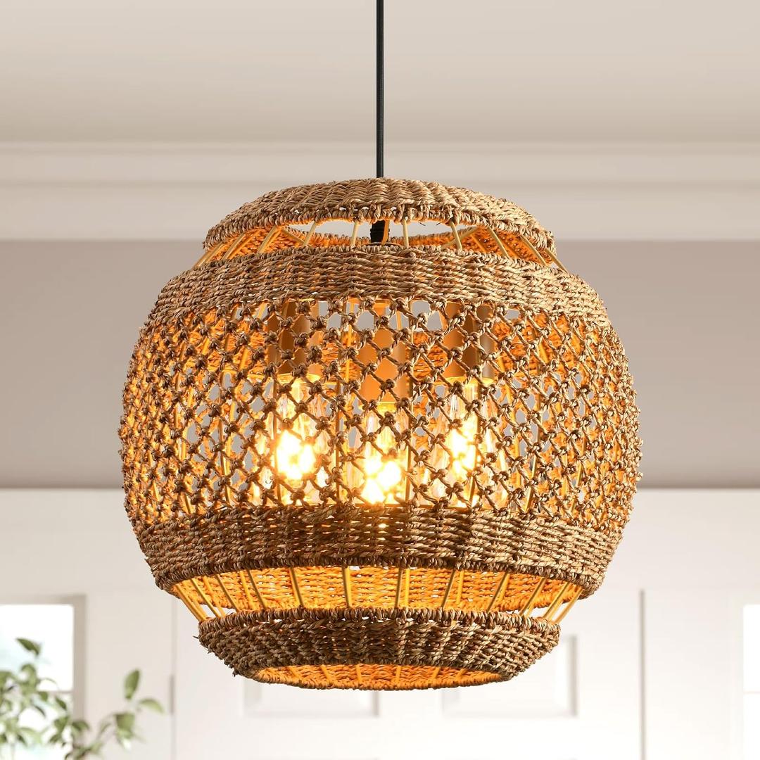 15.8in Large Rattan Chandeliers Round Brown Wicker Pendant Lights Boho Dining Light Fixture Farmhouse Chandelier Woven Hanging Ceiling Lighting for Kitchen Island Bedroom Restaurant Entryway (H020)