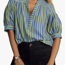 Womens Short Puff Sleeve Striped Blouses Top V Neck Loose Fit Casual Summer Work Blouses Striped Shirt Size Large