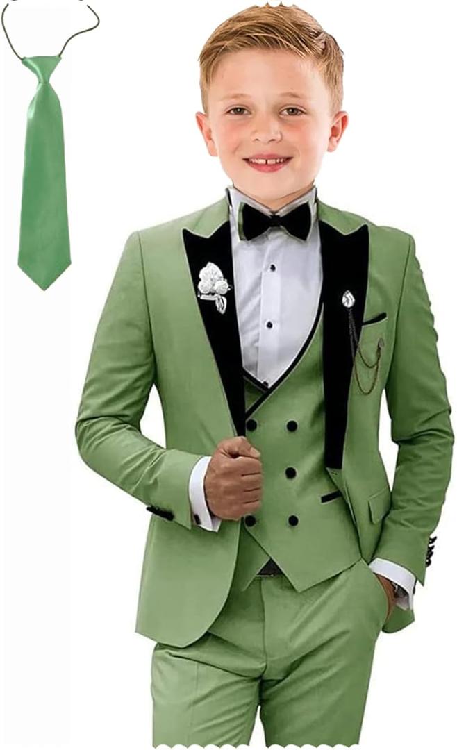 Kids Tuxedo Suit for Boys Slim Fit Wedding Outfit Boys Formal 5 Piece Suit Set (4, Sage Green)