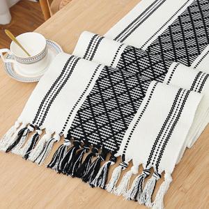 Rustic Table Runner with Tassels, Black and White Bicolor Woven, Washable, 14"x90", Perfect for Entryway, Dining Room, Kitchen, Weddings, Holidays, and Party Decor