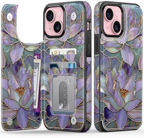 FUNMIKO for iPhone 13 Wallet Case with Card Holder, RFID-Blocking, Military-Grade Protection & UV-Printed Artwork, Magnetic Closure with Leather Kickstand - Dreamy Lotus