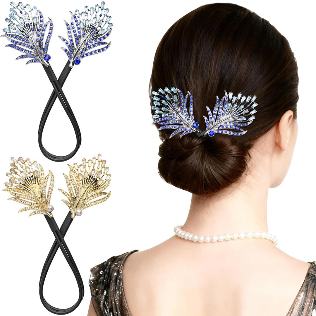 2 Pcs Bun Maker Crystal Hair Bun Maker French Twist Hair Disk for Women Feather Lazy Hair Curler Hair Accessories for Women Girls (Blue)