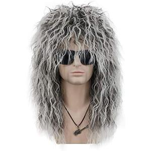 VGbeaty Adult Men Women Long Curly Gray Gradient White Wig 70s 80s Rocker Mullet Halloween Costume Cosplay Wig