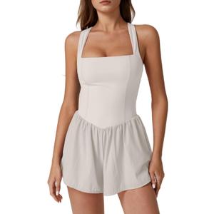 QINSEN Women's Square Neck Sleeveless Romper Jumpsuit Casual Summer One Piece Outfit with Pocket Beige S