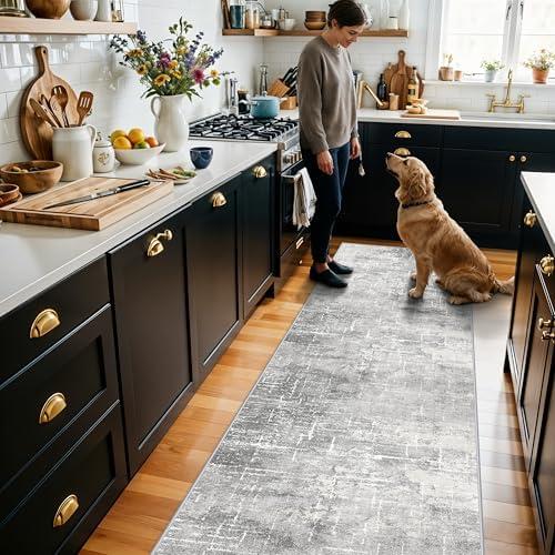 Washable 2x10 Kitchen Runner Rug: Abstract Farmhouse Bathroom Entryway Rug Soft Stain-Resistant Hallway Floor Mat Non-Slip Indoor Non-Shedding Carpet for Nursery Living Room Bedroom (2x10,Light/Grey)