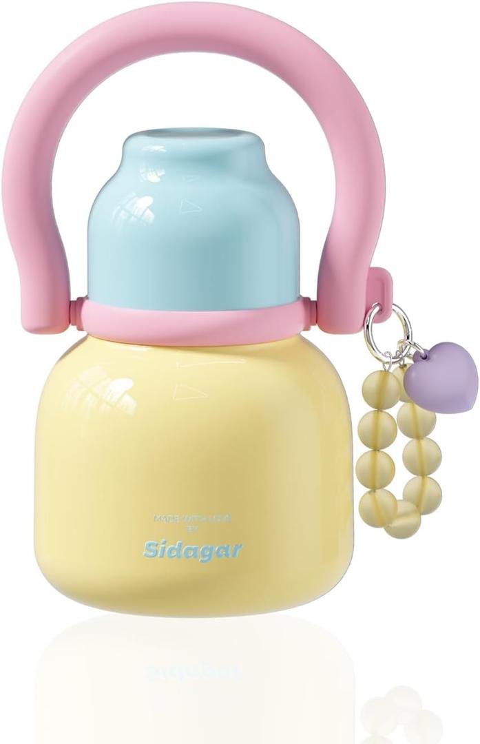 22 Oz Water Bottle with Straw and Bowl, Wide Mouth Insulated Stainless Steel Tumbler 24H Ice Cold Cute Flask for Women Daily Office & Yoga Heart Bracelet Charm, Ideal Gift, Cream Yellow