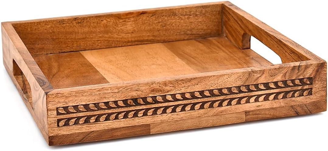 2 x Nirman Serving Trays Acacia Wood with Engraved Design & Cutout Handles | Rustic Farmhouse Food & Drink Server (10" x 10" x 1.6")