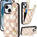 Petitian for iPhone 15 Wallet Case - Women Girls Cute Girly Aesthetic Unique Design Leather Credit Card Holder Phone Cover Stand Wristband for iPhone 15, Khaki Checkered
