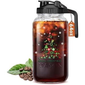 Christmas Gift for Mom,Mason Jar Pitcher, 64 oz Glass Milk Pitcher, Wide Mouth & Leakproof Glass Pitcher with Lid for milk, Sun Tea, Juice, Cold Brew Coffee and Drinks(Christmas tree）