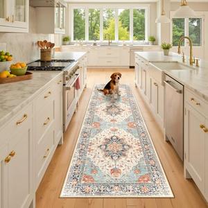 RELEANY Vacuum-Friendly Area Rugs 2'x8' Machine Washable, Non-Slip, Floral Vintage Distress Print Pattern Medallion Carpet for Living Room Bedroom Brick Navy Blue Orange Colorful