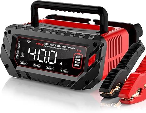40 AMP Car Battery Charger, 6V/12V/24V LeadAcid, Lithium, LiFePo4 Smart Battery Charger, Large Screen Trickle Charger, Fully Automatic Chargers and Maintainer for Car, Motorcycle, Lawn Mower