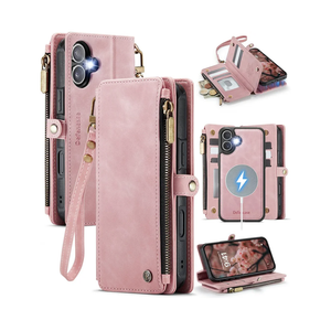 Defencase for iPhone 17 Magnetic Wallet Case Compatible with Magsafe with RFID Blocking Zipper Pocket & Card Holder for Women Men PU Leather Strap Detachable Case for iPhone 17 (6.3 inch), Rose Pink