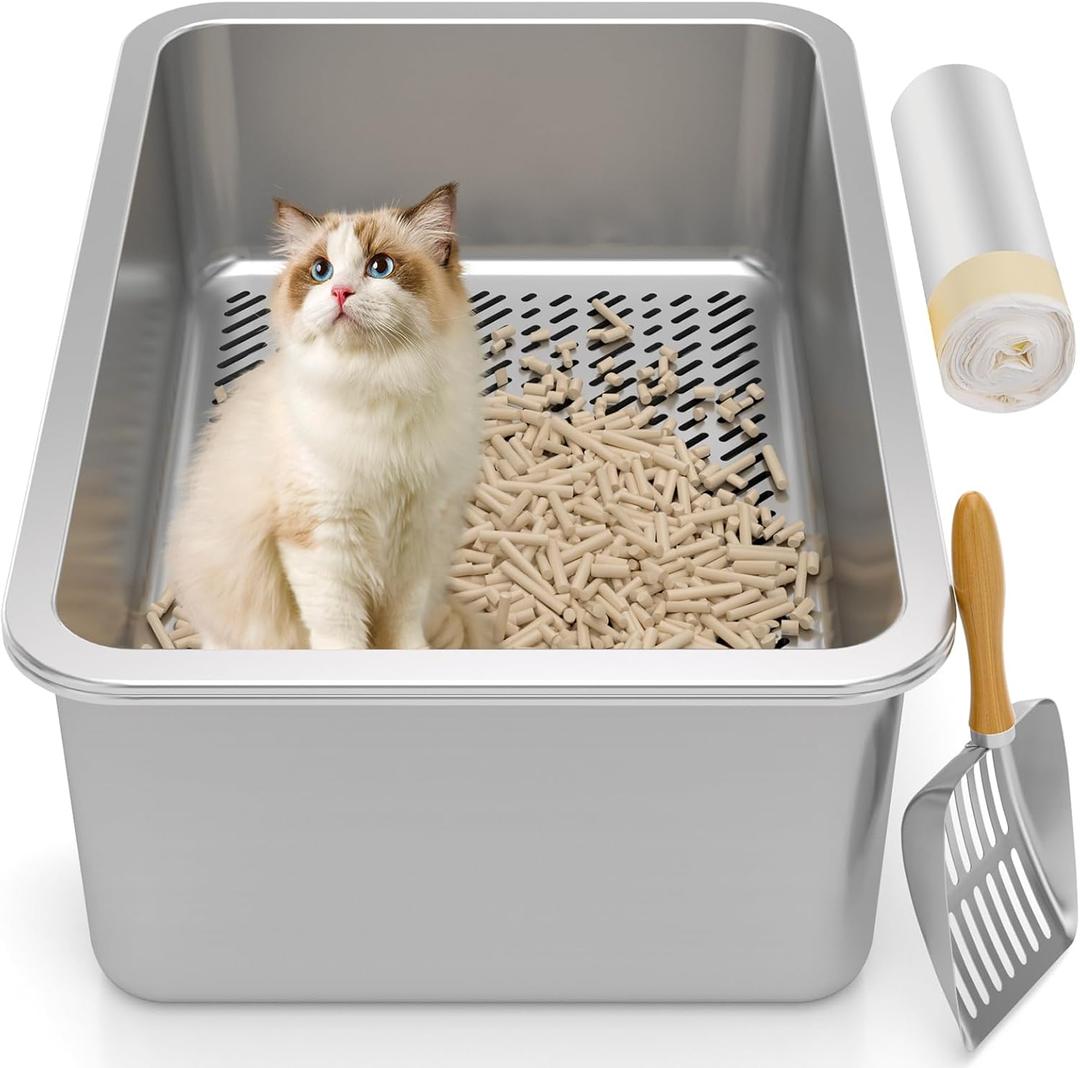 XXL Stainless Steel Sifting Litter Box for Big Cats,Metal Sifting Cat Litter Box for Wood Pine Pellets,Extra Large Sifter Litter Pan System,Odor Control,Easy to Clean,with Liners and Metal Scoop (XXL23.7''L15.7''W8''H)