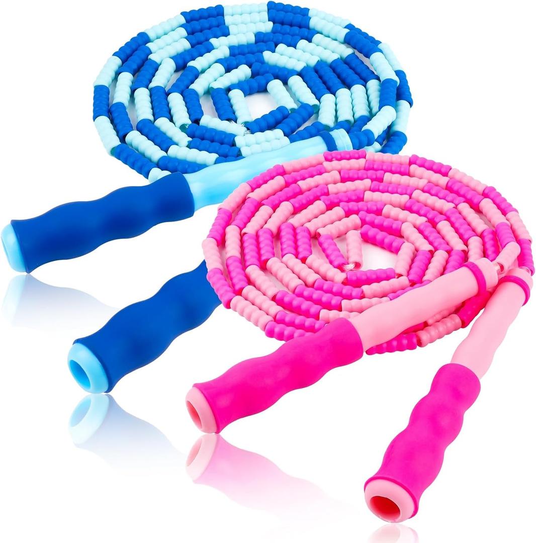 Jump Rope for Kids, Adjustable Jump Ropes for 4 5 6 7 8 10 12, Tangle Free Jumping Rope Age 8-12, Segmented Soft Beaded Skipping Rope for Women Fitness (Blue and Pink)