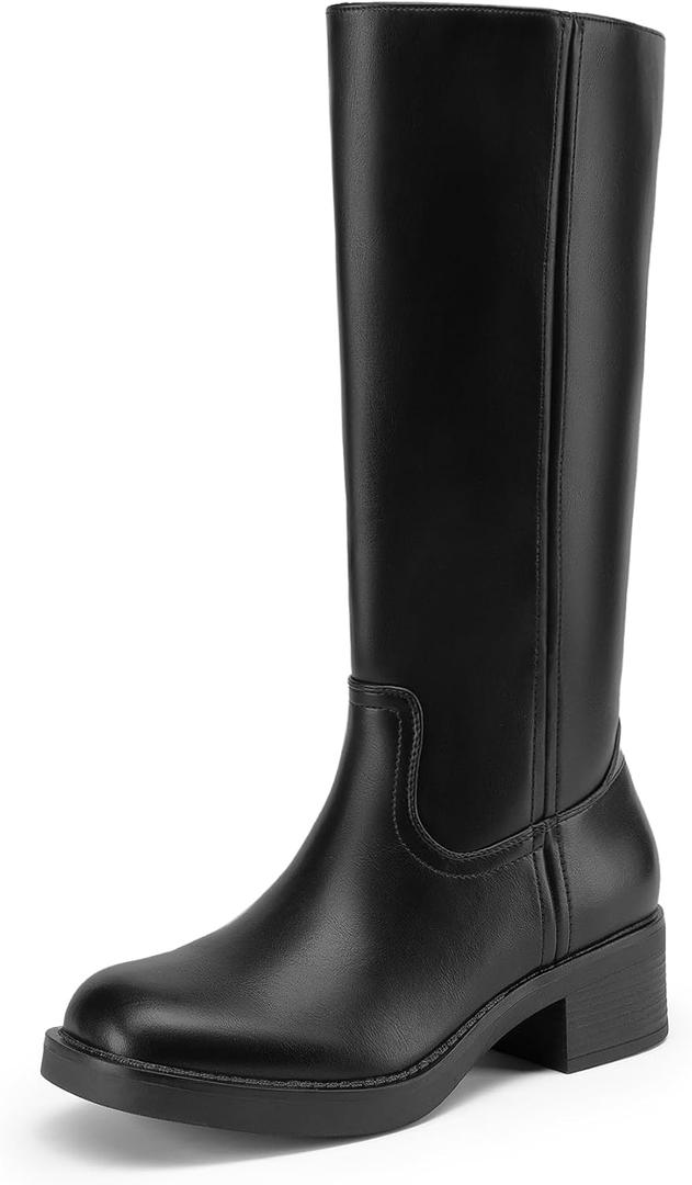DREAM PAIRS Womens Knee High Boots Square Toe Platform Chunky Block Heel Banana Campus Boots for Women Comfortable Low Heel Side Zipper Womens Riding Tall Boots (7.5, Black)