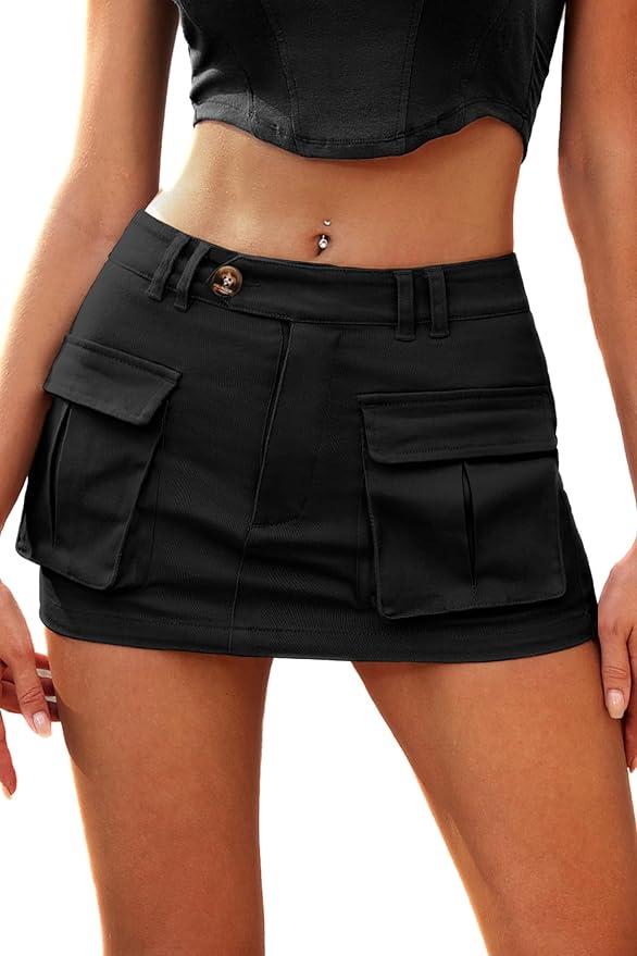 ELLEVEN Women's Low Waist Mini Cargo Skirt Y2K, High-Stretch Bodycon Button Denim Skirt with Pockets (Black,  XS )