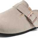 Suede Clogs for Women Leather Mules with Cork Footbed Arch Support Potato Shoes Men Womens Slip-On Clog with Adjustable Buckle Unisex Slippers Flats (M)