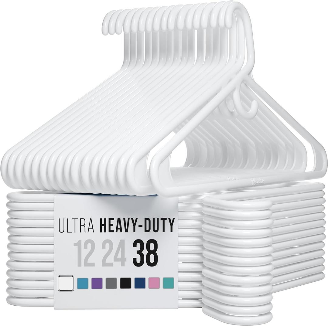 NEATERIZE Ultra Heavy Duty Plastic Clothes Hangers - White - Durable Coat, Suit and Clothes Hanger. Perchas De Ropa (38 Pack - White) (White)