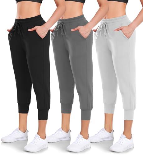 Hi Clasmix 3 Pack Capri Sweatpants Women,Womens Joggers with Pockets Athletic Leggings for Workout Yoga Running, M