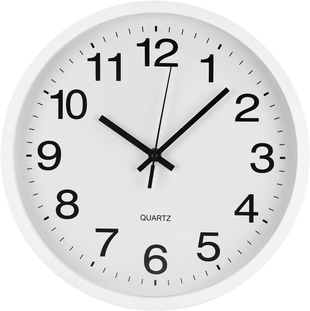Wall Clock Modern Simple Style Round Plastic Decor Clock Non-Ticking Silent Quartz Movement Wall Clocks for Home/Office/School/Living Room/Bedroom/Kitchen (White, 12 Inch)