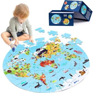 World Map Jigsaw Puzzle for Kids 4-8, 70 Piece Globe Large Round Floor Puzzles for Kids Ages Toddler Puzzle Geography Games Educational Toys Birthday for Children