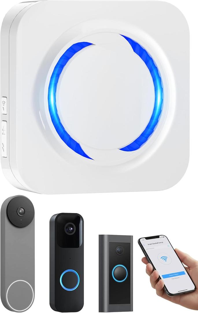 Smart WiFi Wireless Doorbell Chime for Ring, Blink, Google Nest - No Wiring/Subscription, Works with Alexa, No Range Limits,58 Chimes, 5 Volume, LED Flash, Easy to Setup,Ideal for Large Houses (White)