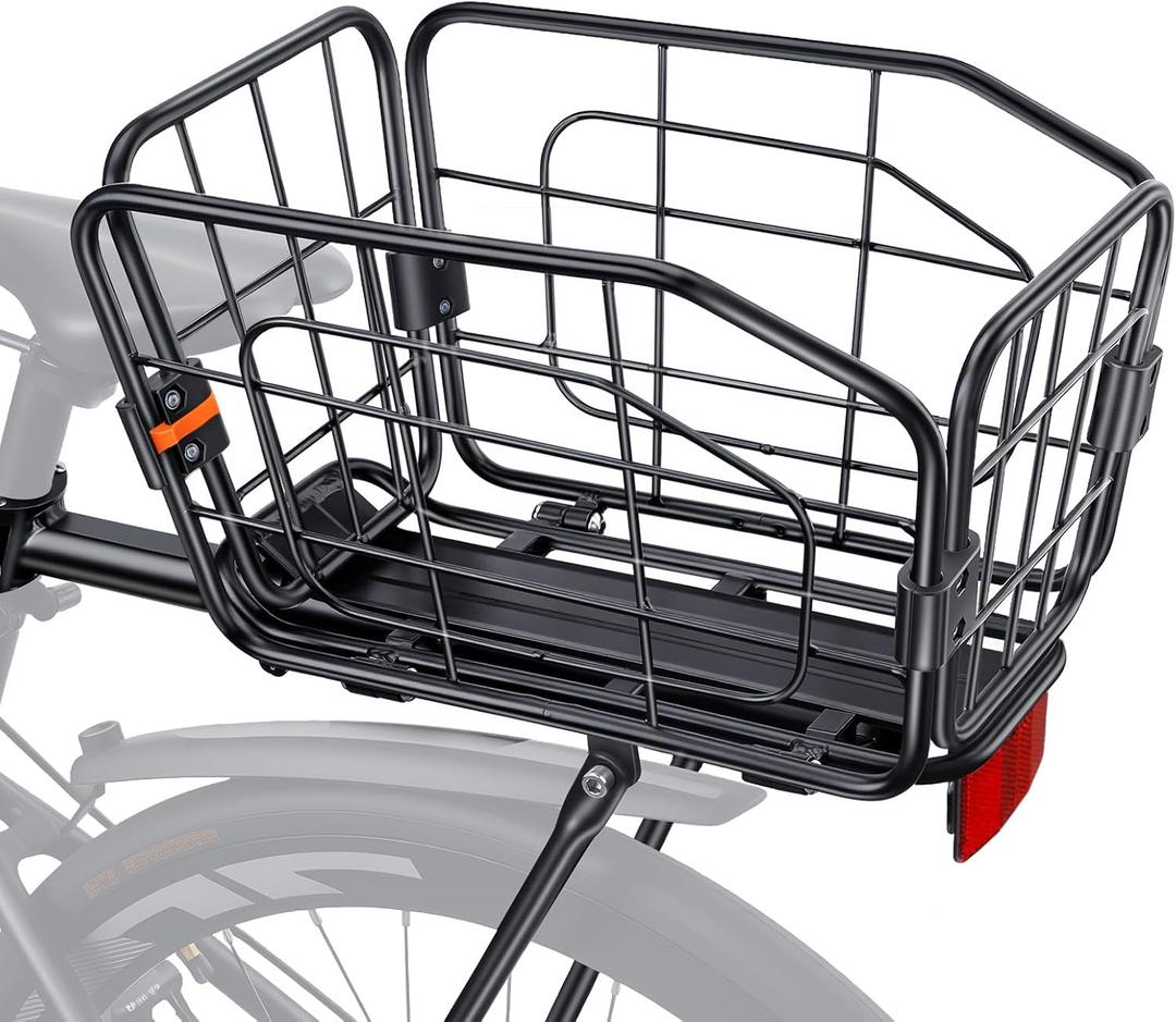 Rear Bike Basket, Aluminum Bike Cargo Rack, 22L Capacity Bicycle Basket, Foldable & Removable for Adult Bikes (Tube34mm), 165lbs Capacity, Includes Reflector & Bungee Cords
