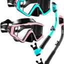 Aegend Snorkeling Gear for Adults Youth Kids, Dry Snorkel Set Panoramic View Enhanced Anti-Leak and Anti-Fog Technology, Adjustable Strap for Snorkeling Scuba Diving Swimming with Mesh Bag (2PACK-Green & Pink)