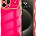 Hython for iPhone 15 Pro Max Case Wave Wavy Phone Cases with Love Heart, Luxury Plating Edge Cute Curly Shape Cover for Women Girls, Thin Slim Soft TPU Rubber Shockproof Protective Cover, Hot Pink, Set Of 2