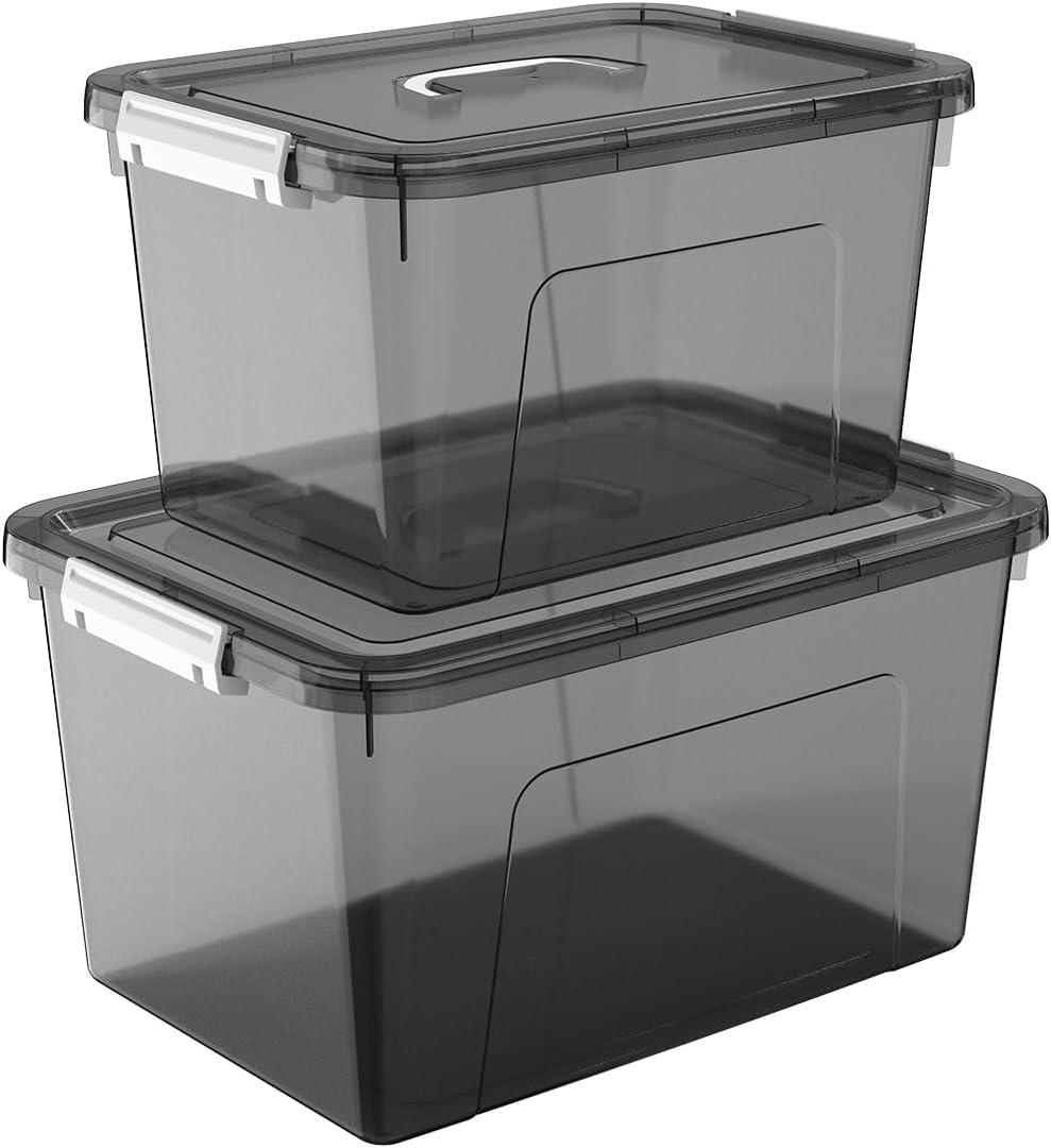JUJIAJIA Plastic Storage Bins with Lids, 2 Pack Mixed Sizes (7 Qt, 16 Qt) Clear Black with Lid Stackable Organizer Boxes with Latches for Closet, Pantry, Bathroom, Office