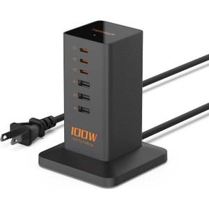 USB C Charger Blcok PD 100W, TESSAN 6-in-1 Charging Station for Multiple Devices, Desktop Tower Charger with 6 USB Ports for iPhone 16/15, MacBook, Tablet, Office Home Dorm Room Accessories (5 Feet(100W without AC), Black)