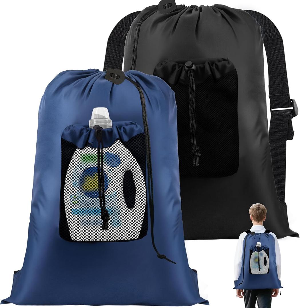2-Pack Backpack Laundry Bags, Heavy Duty Laundry Bag Backpacks with Adjustable Shoulder Straps, Door Hanging Washing Bag, Laundry Hamper Lining for College Dorm, Travel, Laundromat (Black+Blue)