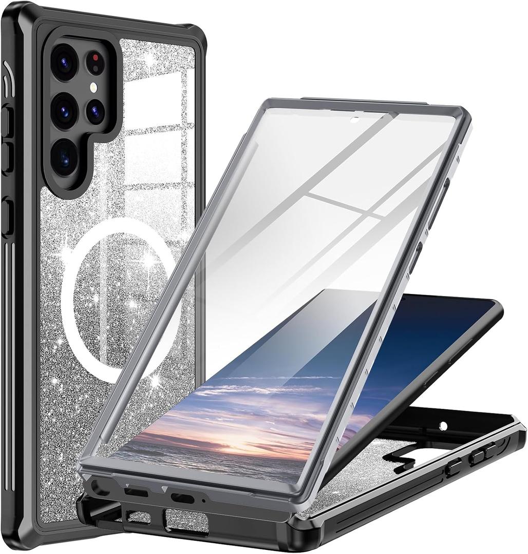 Hekodonk for Samsung Galaxy S22 Ultra Case Glitter,Compatible with MagSafe[Built-in Tempered Glass Screen Protector & Camera Lens Protection] Full Body Shockproof Protective Bling Phone Case,Black