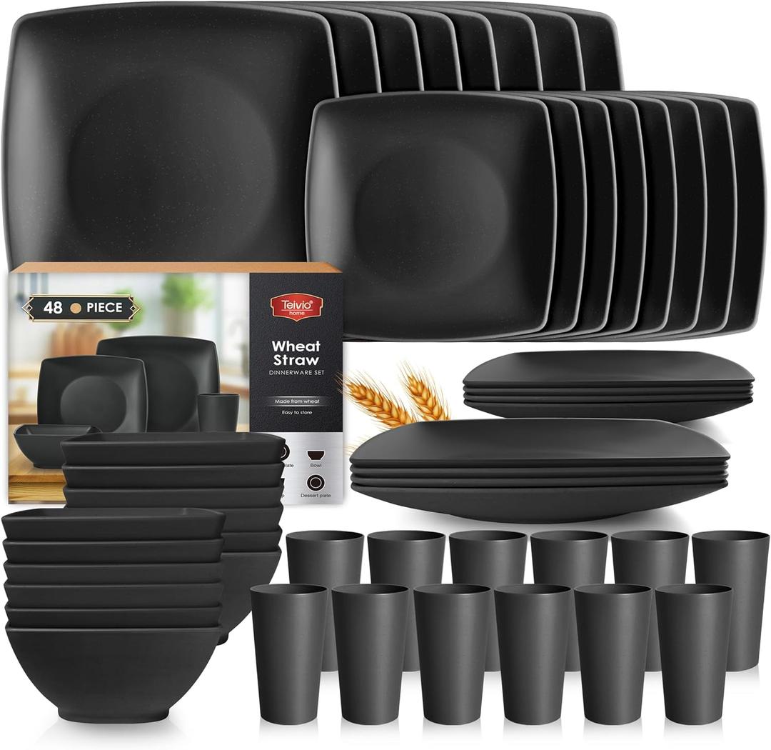 Teivio 48-piece Wheat Straw Square Dinnerware Set for 12, Unbreakable Dinner Plates, Salad Plates, Snack Bowls, Tumblers 13.5 oz, Dishwasher Safe, Black
