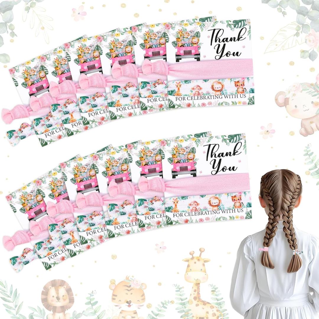 12Packs Jungle Animals Theme Elastic Hair Ties/Bands Pink, Bridal Shower Wedding Bachelorette Birthday Party Favors Bridesmaid Proposal Gifts, Thank You for Celebrating with Us Cards